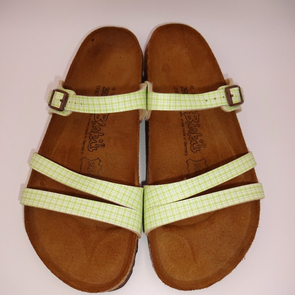 Womens Green White Plaid Birkenstock Birkis Birki's Sandals 40 9 Triple Strap - Picture 3 of 8